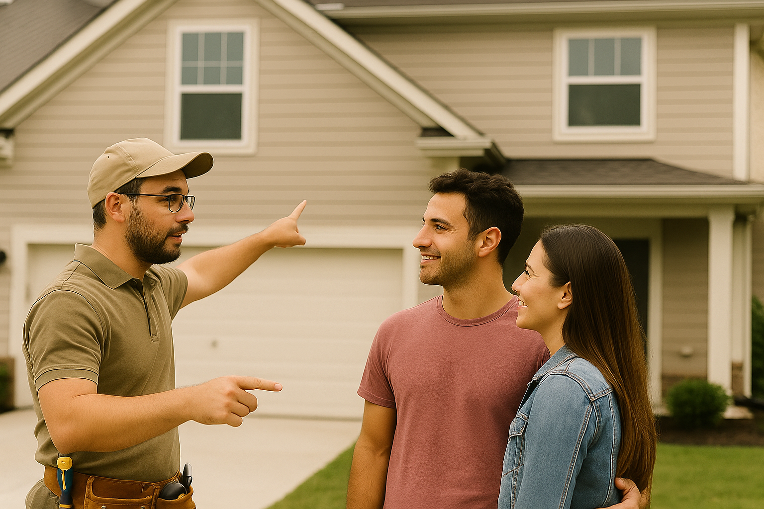 man pointing at house